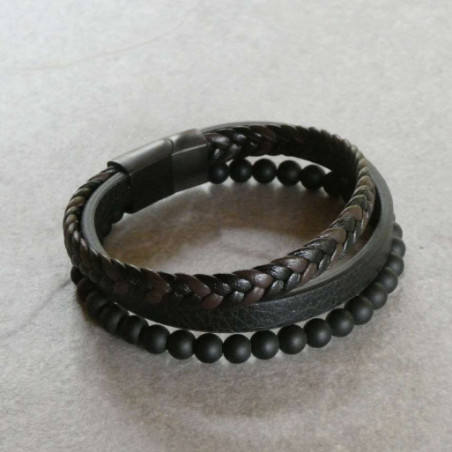 Herren Lederarmband 3 Bänder mit schwarzen Kugeln 1 Band geflochten