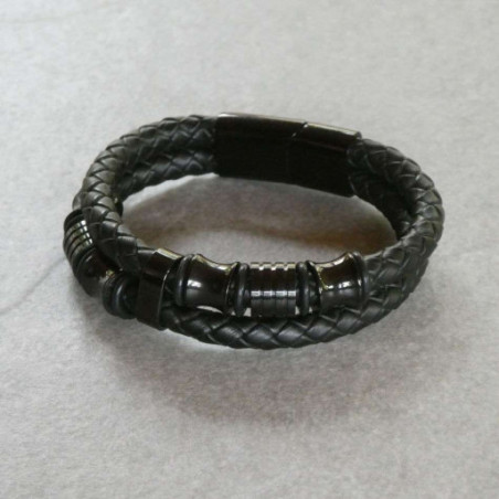 Bracelet en cuir avec 2 bandes tressées et fermoir en acier inoxydable